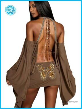 Sequin Backless Mini Dress Batwing Sleeve Halter Bodycon Party Dress